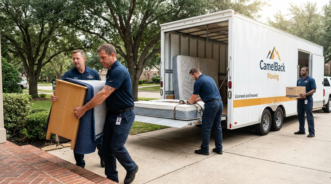 Crew loading residential truck for cross-state move from Saukville, WI