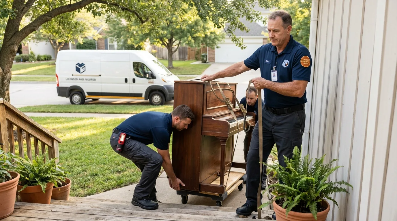 Licensed piano movers securing grand piano in Saukville, WI