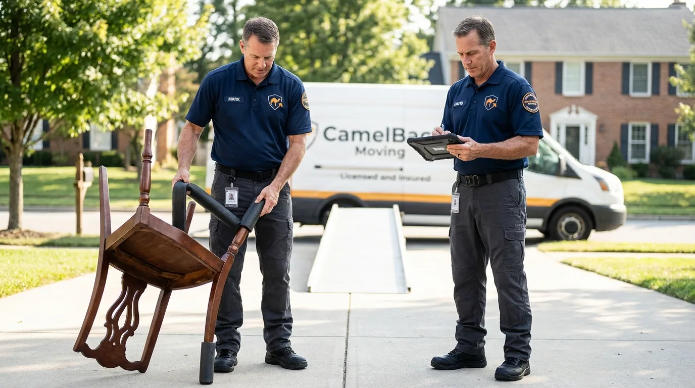 Movers inspecting furniture for damage prevention before loading in Saukville, WI