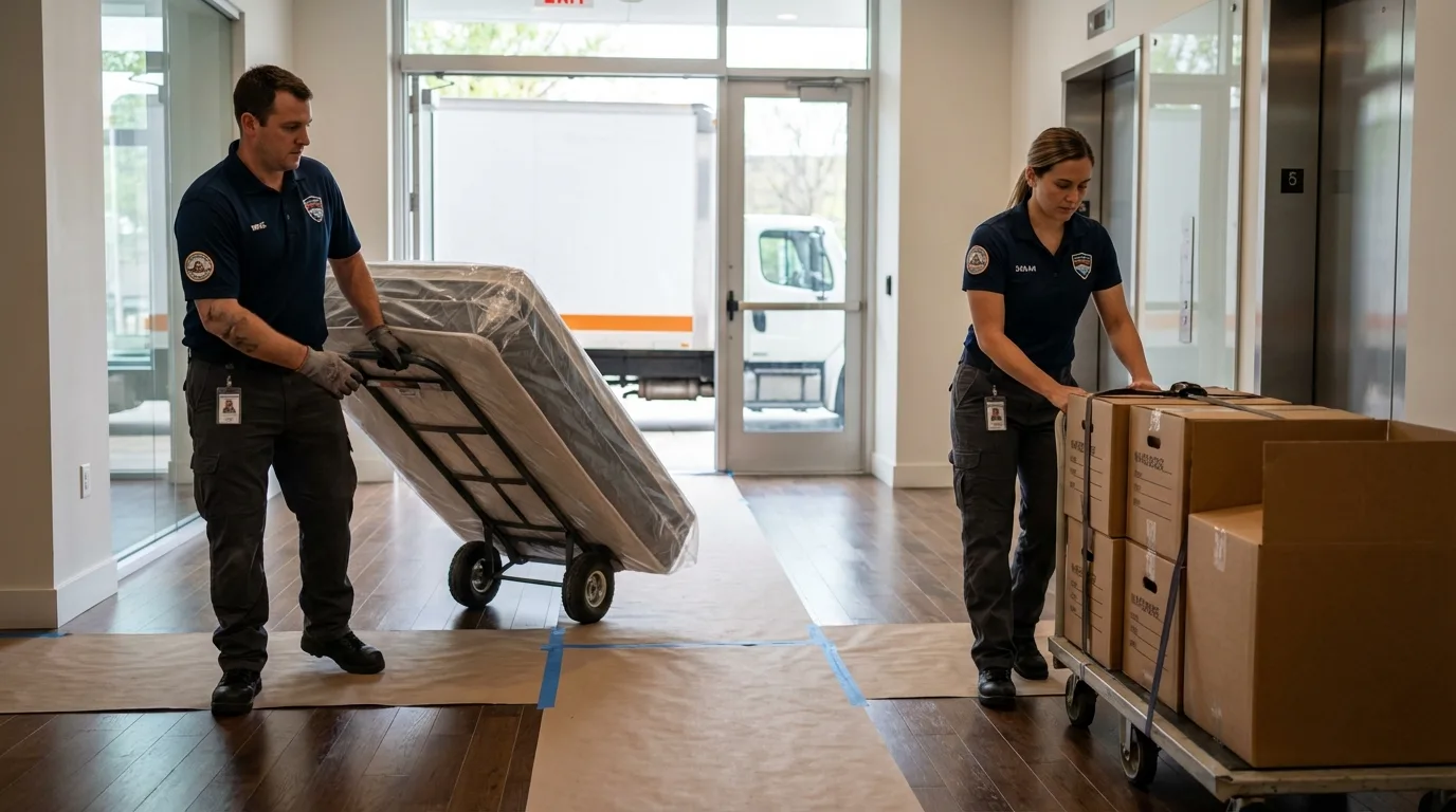 Professional apartment movers loading elevator in Saukville, WI