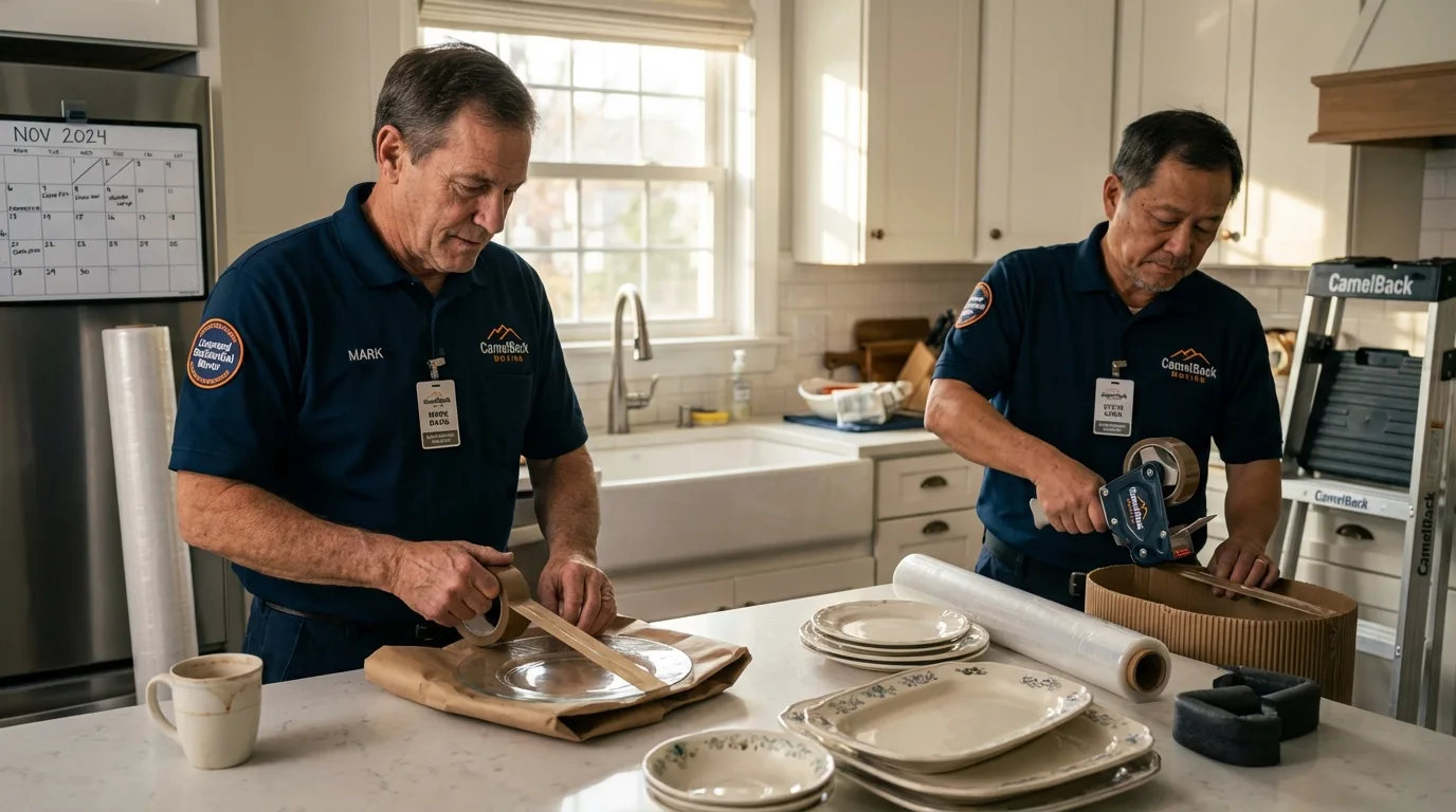 Professional crew packing kitchen dishware in Saukville, WI